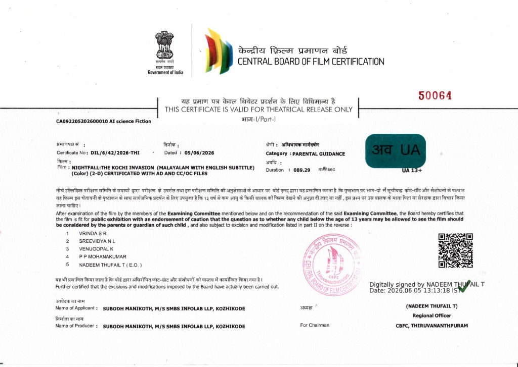 CBFC Censor Certificate for Nightfall: The Kochi Invasion